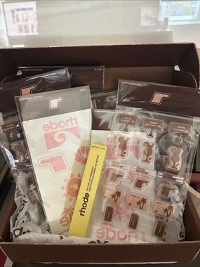 RHODE Summer Tattoo & Puffy Sticker Brown PR Box & caramel banana Bieber lip BOX